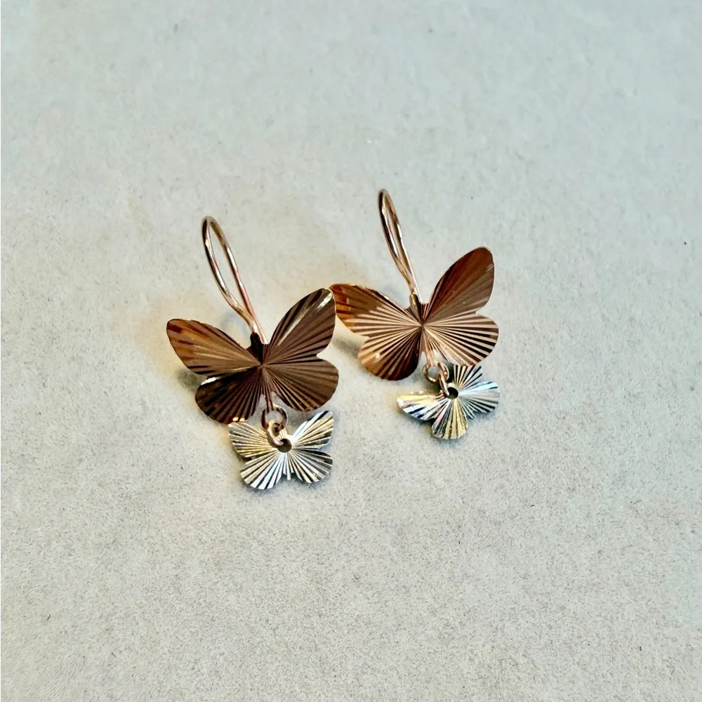 Delicate Two-Tone Butterfly Drop Earrings - 14 K Rose Gold & White gold - Picture 3 of 4